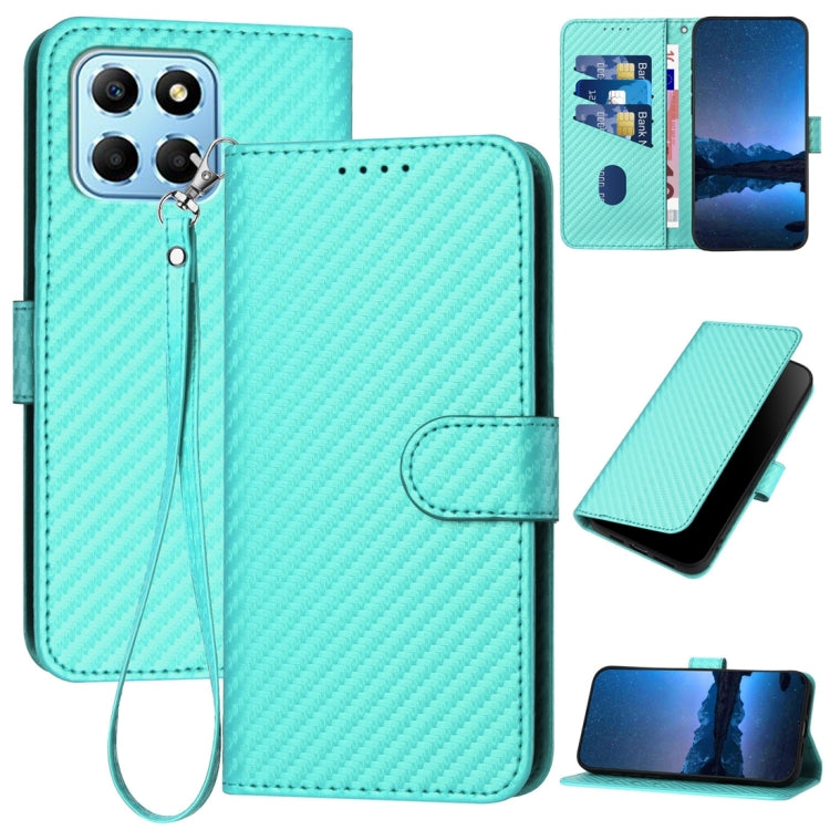 For Honor X8 5G YX0070 Carbon Fiber Buckle Leather Phone Case with Lanyard(Light Blue)