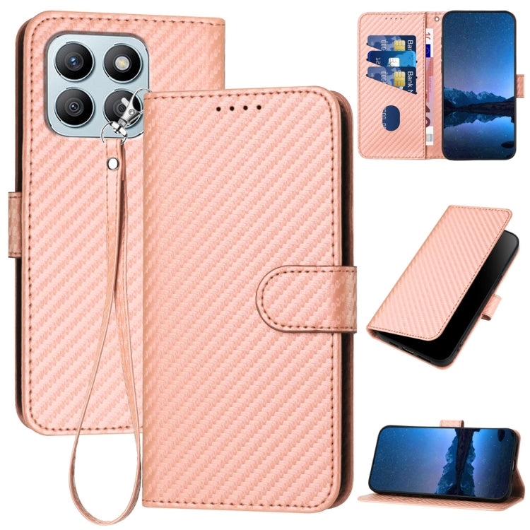 For Honor X8b YX0070 Carbon Fiber Buckle Leather Phone Case with Lanyard(Pink)