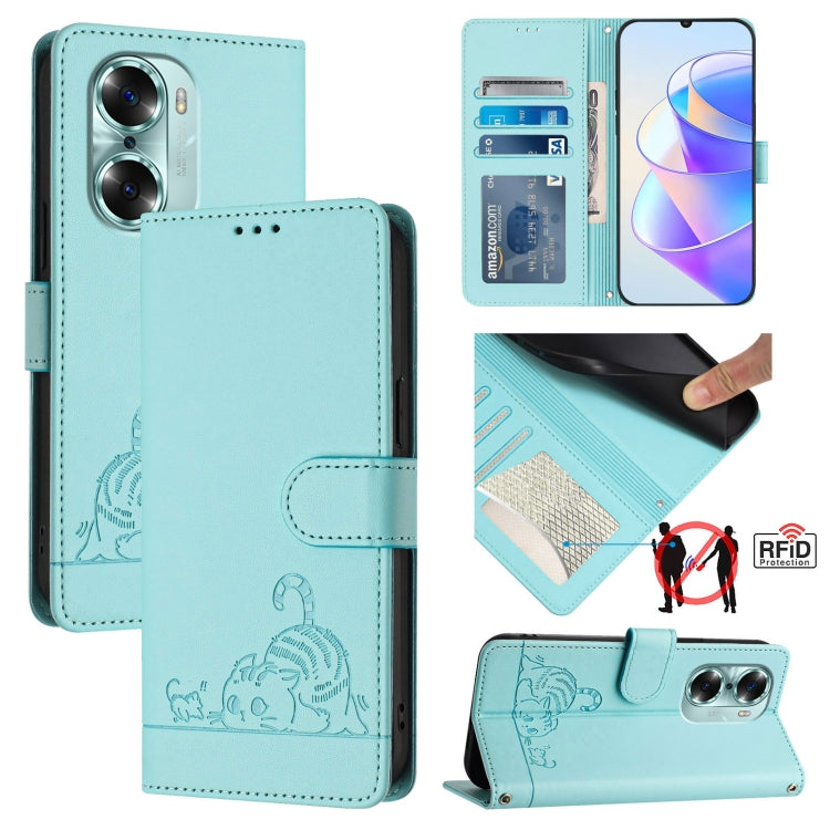 For Honor 60 5G Cat Rat Embossed Pattern RFID Leather Phone Case with Lanyard(Mint Green)