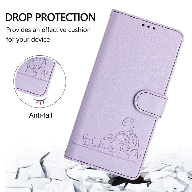 For Honor 60 SE 5G Cat Rat Embossed Pattern RFID Leather Phone Case with Lanyard(Purple)