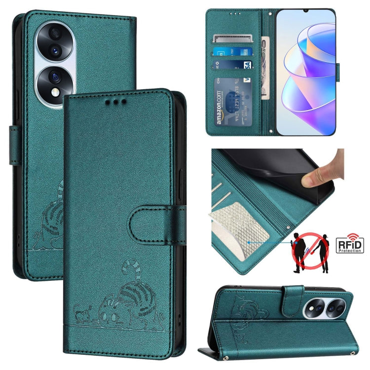 For Honor 70 5G Cat Rat Embossed Pattern RFID Leather Phone Case with Lanyard(Peacock Green)