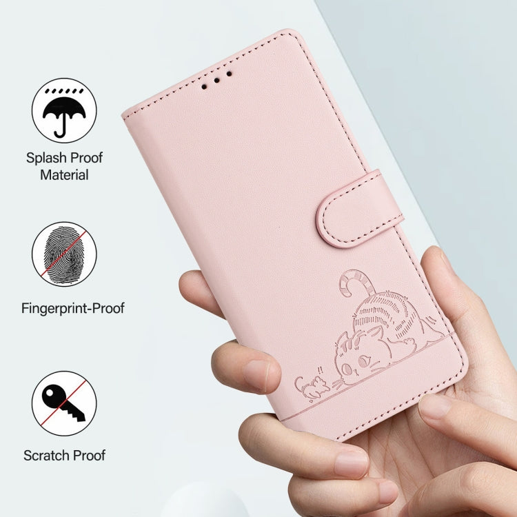 For Honor 70 Pro 5G Cat Rat Embossed Pattern RFID Leather Phone Case with Lanyard(Pink)