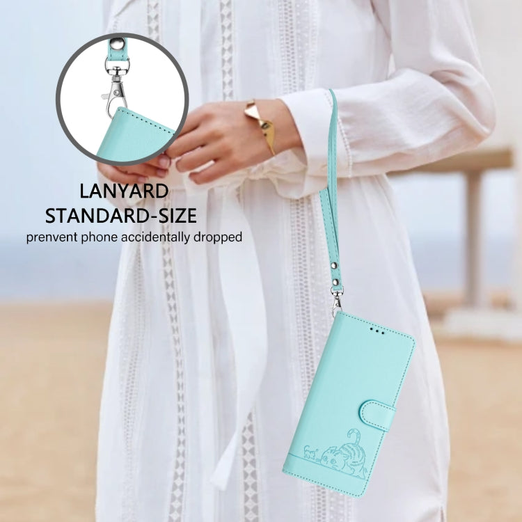 For Honor 90 Lite 5G/X50i 5G Cat Rat Embossed Pattern RFID Leather Phone Case with Lanyard(Mint Green)