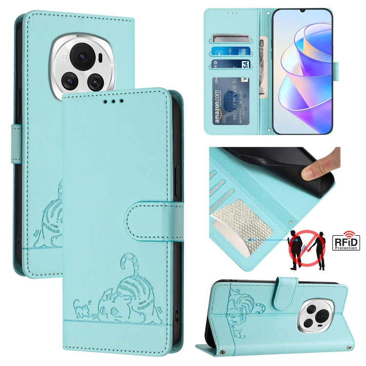 For Honor Magic6 5G Global Cat Rat Embossed Pattern RFID Leather Phone Case with Lanyard(Mint Green)
