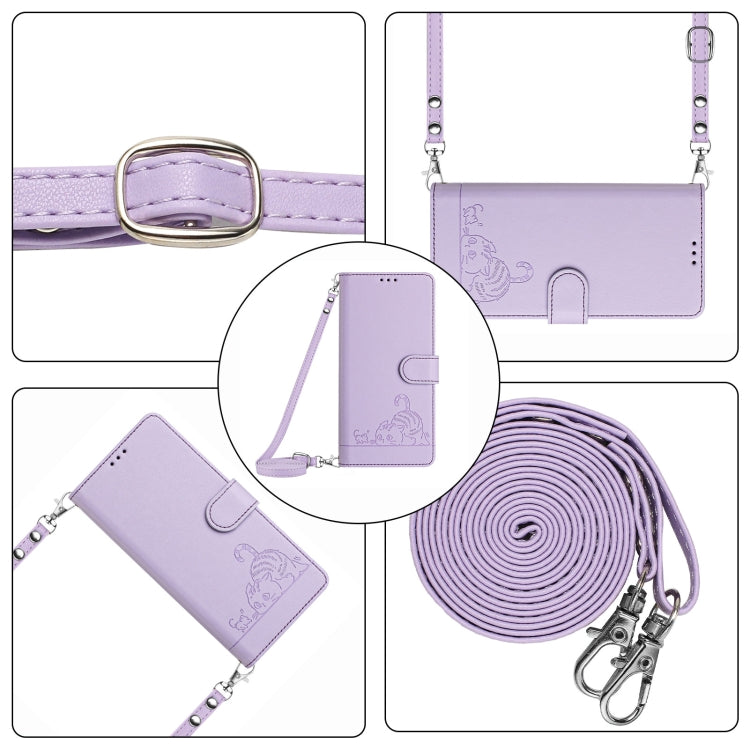 For Honor Magic6 5G Global Cat Rat Embossed Pattern RFID Leather Phone Case with Lanyard(Purple)