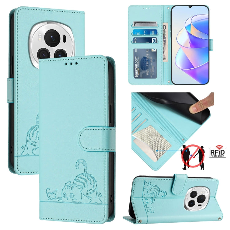 For Honor Magic6 Pro 5G Global Cat Rat Embossed Pattern RFID Leather Phone Case with Lanyard(Mint Green)