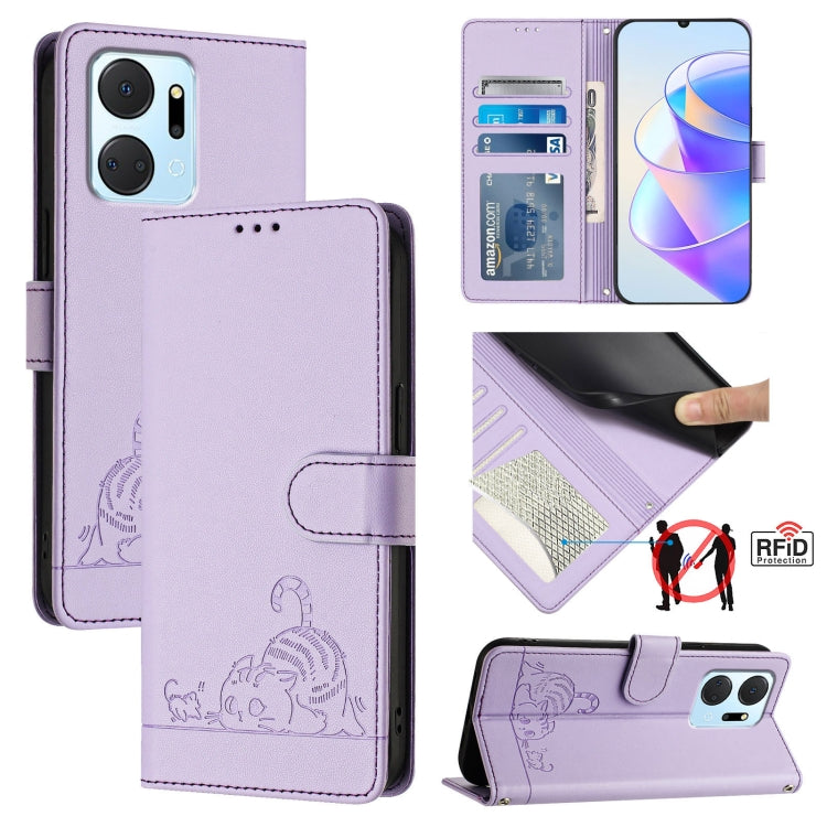 For Honor X7a 4G/Play7T 5G Cat Rat Embossed Pattern RFID Leather Phone Case with Lanyard(Purple)