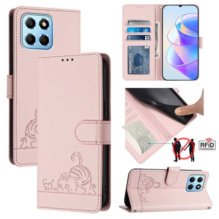 For Honor X8a 5G Global Cat Rat Embossed Pattern RFID Leather Phone Case with Lanyard(Pink)
