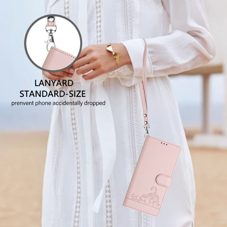 For Honor X8a 5G Global Cat Rat Embossed Pattern RFID Leather Phone Case with Lanyard(Pink)