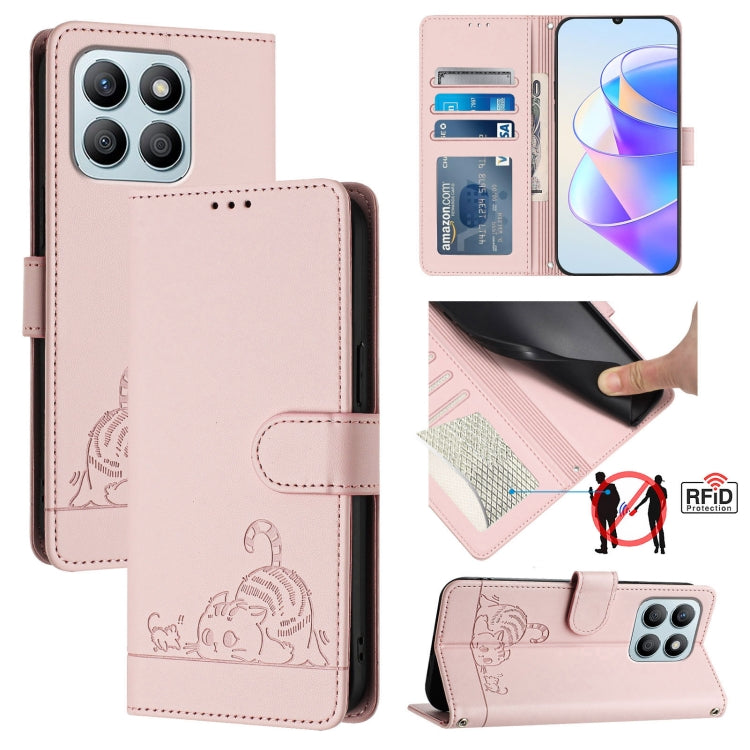 For Honor X8b 4G Global Cat Rat Embossed Pattern RFID Leather Phone Case with Lanyard(Pink)