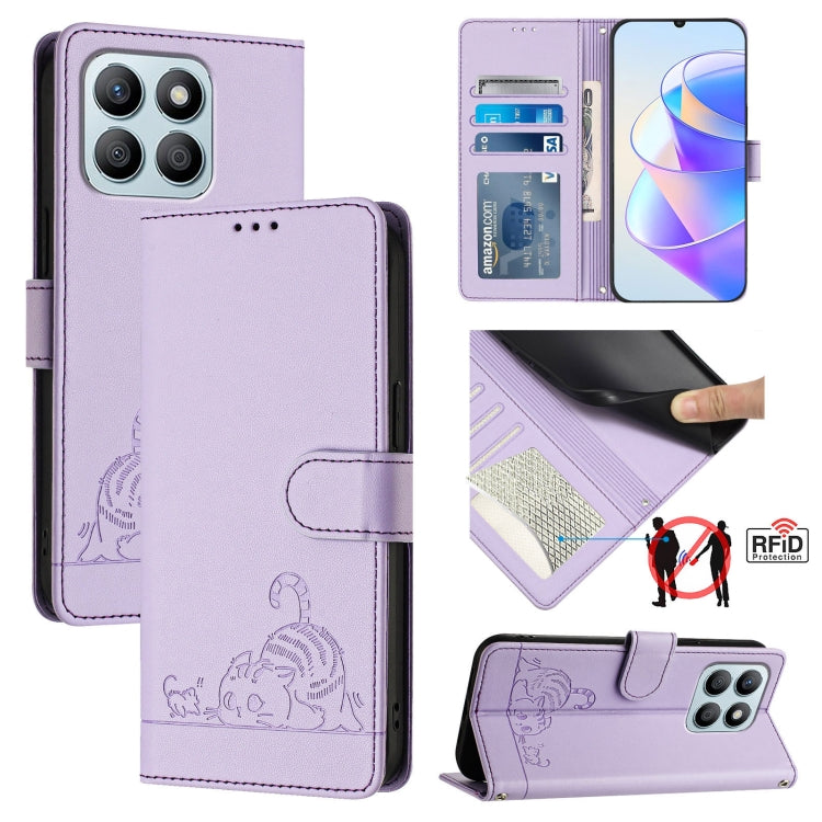 For Honor X8b 4G Global Cat Rat Embossed Pattern RFID Leather Phone Case with Lanyard(Purple)