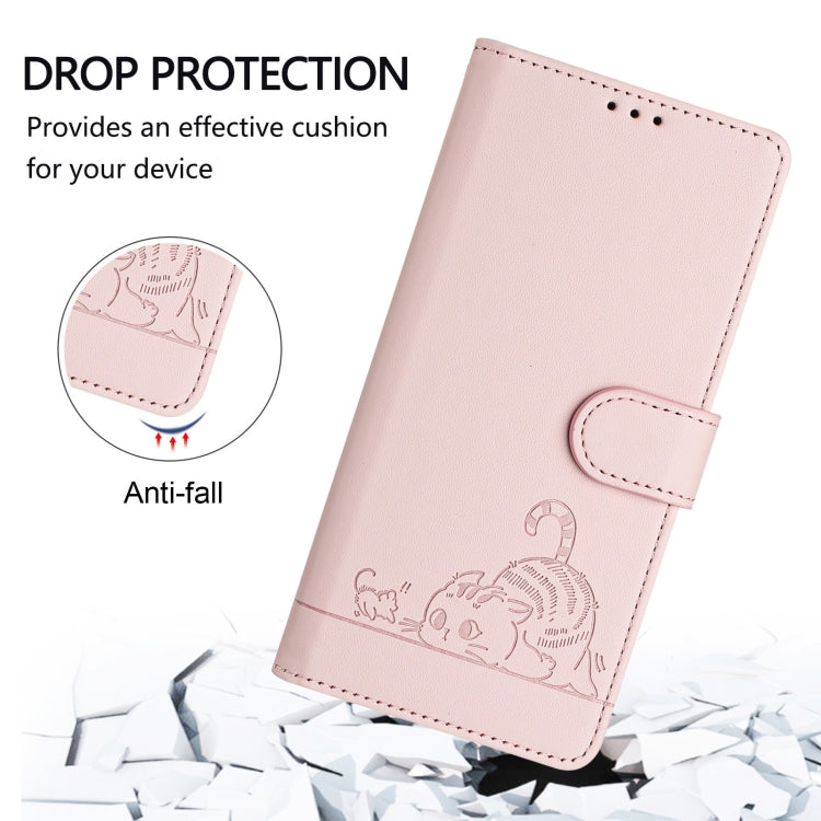 For Honor X9b 5G Global Cat Rat Embossed Pattern RFID Leather Phone Case with Lanyard(Pink)