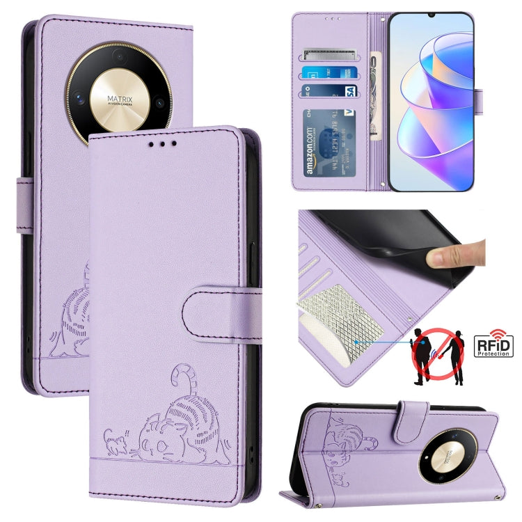 For Honor X9b 5G Global Cat Rat Embossed Pattern RFID Leather Phone Case with Lanyard(Purple)