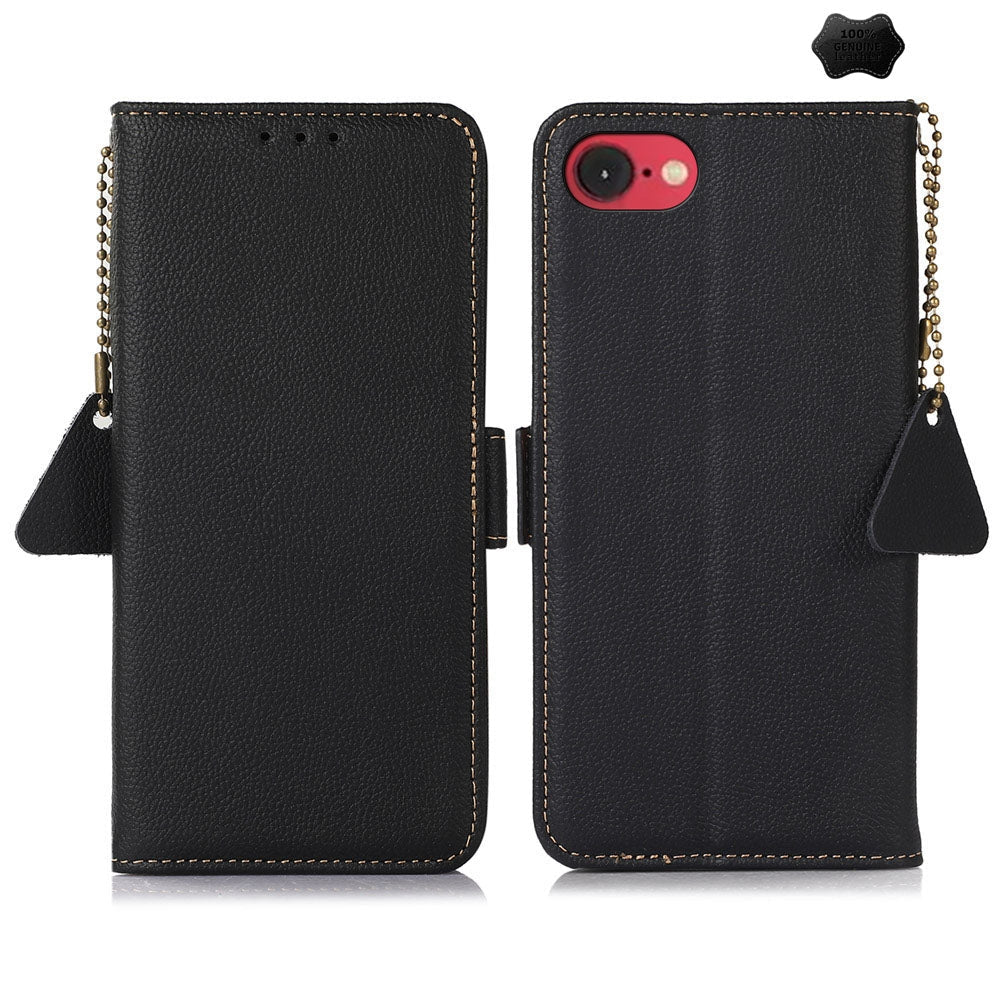 For iPhone 16e Side-Magnetic TJ Genuine Leather RFID Phone Case(Black)