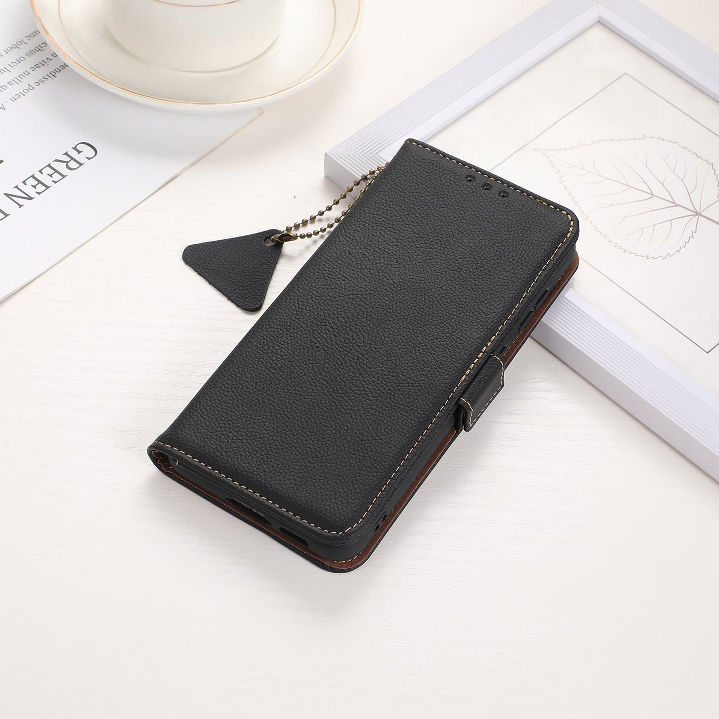 For iPhone 16e Side-Magnetic TJ Genuine Leather RFID Phone Case(Black)