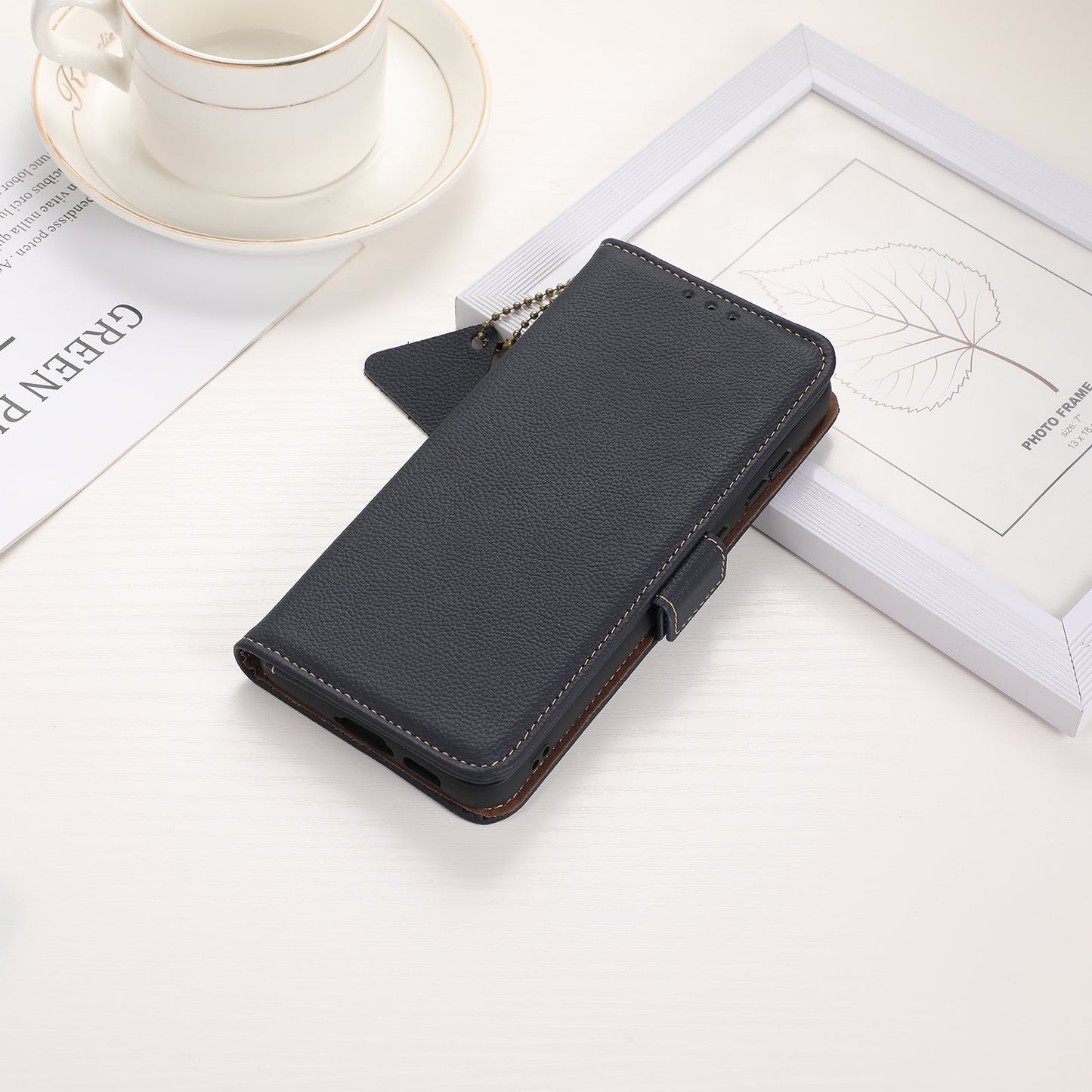 For iPhone 16e Side-Magnetic TJ Genuine Leather RFID Phone Case(Blue)