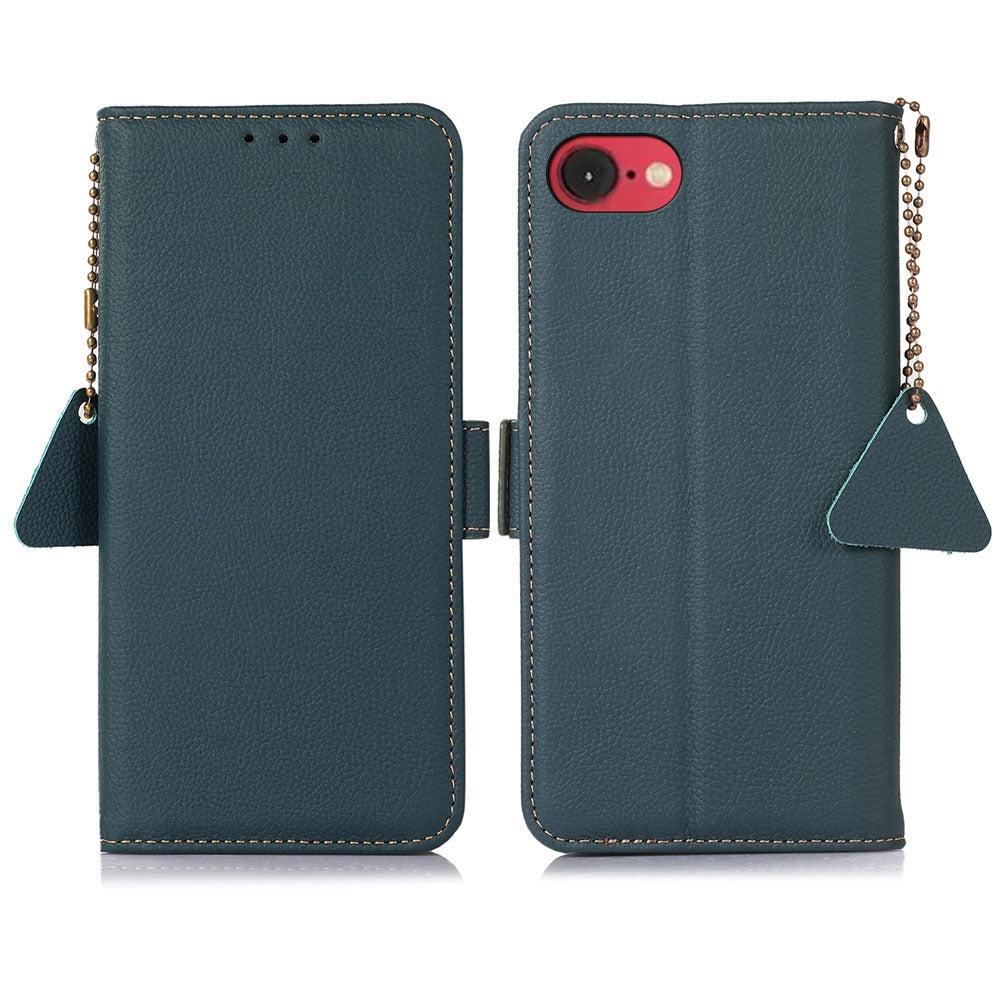For iPhone 16e Side-Magnetic TJ Genuine Leather RFID Phone Case(Green)