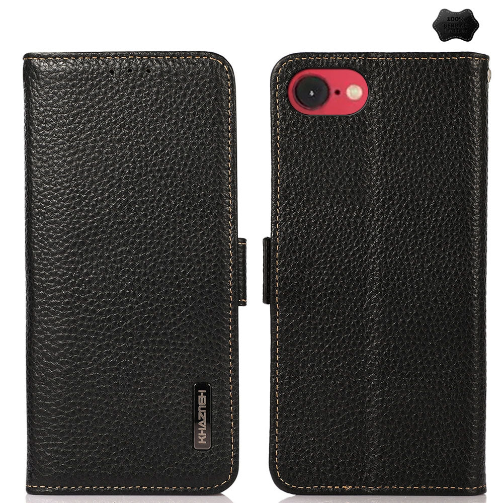 For iPhone 16e KHAZNEH Side-Magnetic Litchi Genuine Leather RFID Case(Black)