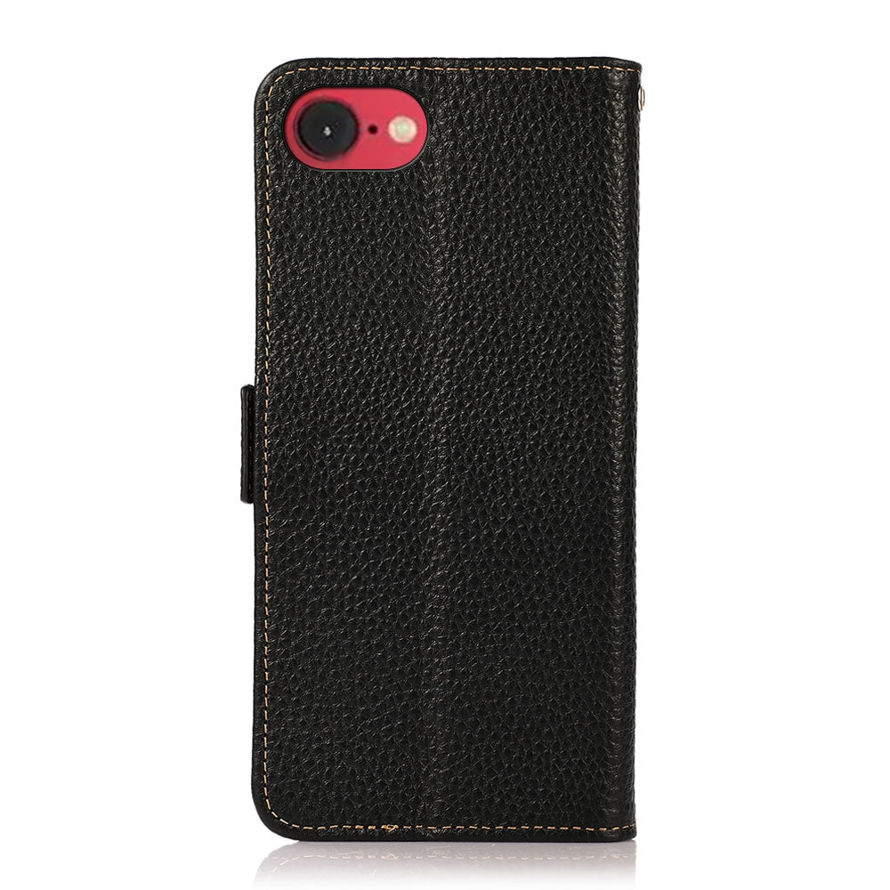 For iPhone 16e KHAZNEH Side-Magnetic Litchi Genuine Leather RFID Case(Black)