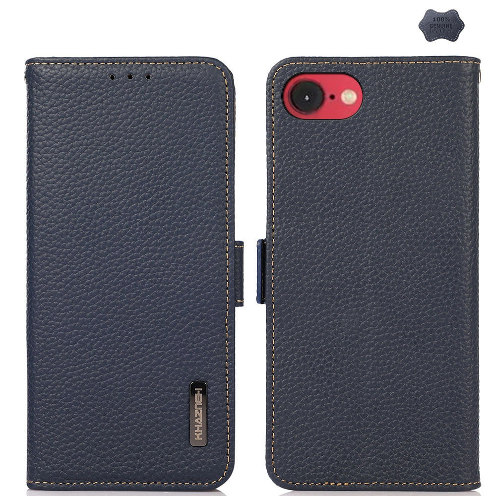 For iPhone 16e KHAZNEH Side-Magnetic Litchi Genuine Leather RFID Case(Blue)