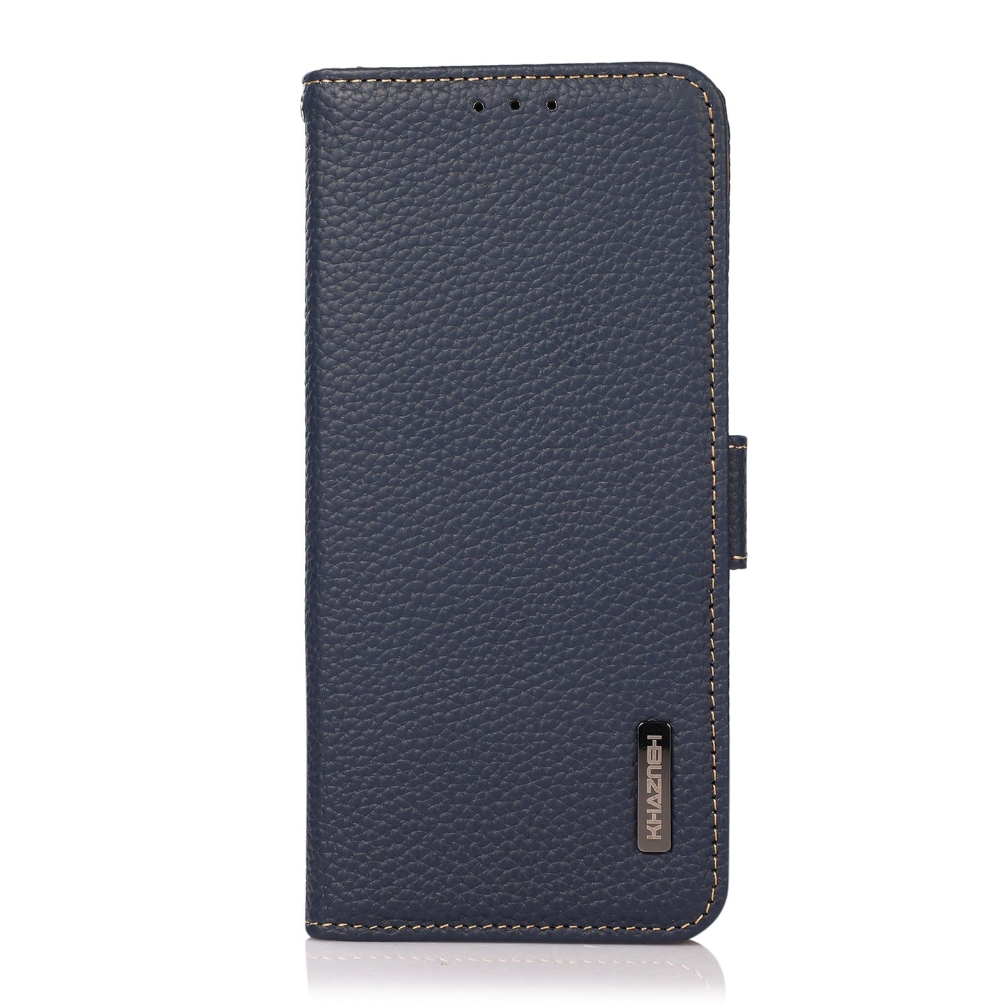 For iPhone 16e KHAZNEH Side-Magnetic Litchi Genuine Leather RFID Case(Blue)