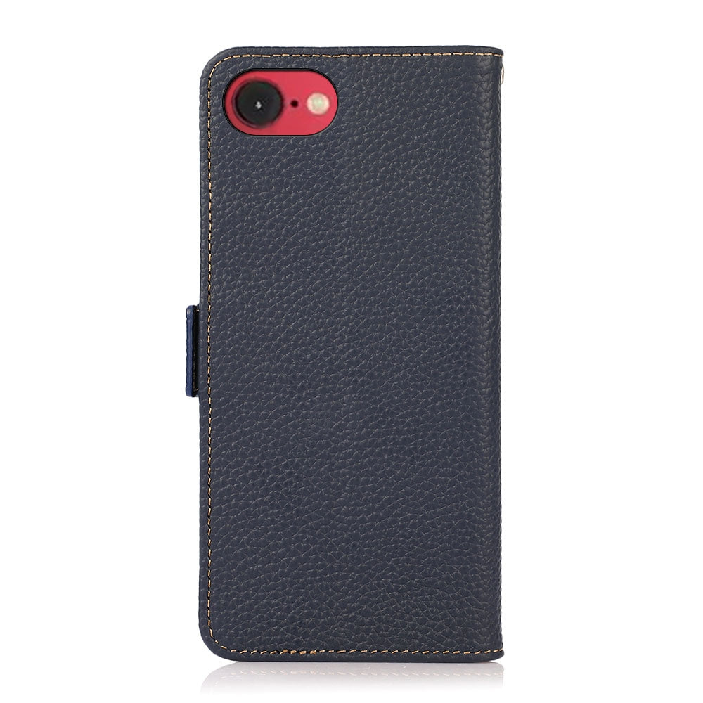 For iPhone 16e KHAZNEH Side-Magnetic Litchi Genuine Leather RFID Case(Blue)