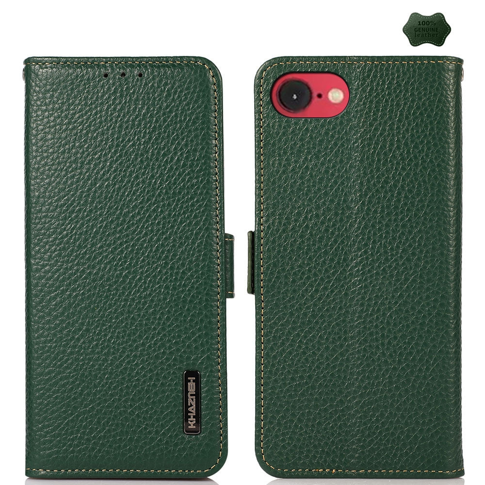 For iPhone 16e KHAZNEH Side-Magnetic Litchi Genuine Leather RFID Case(Green)