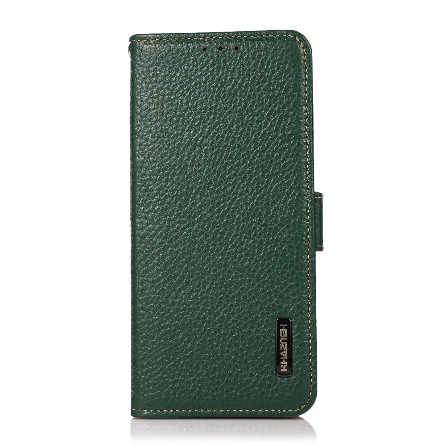 For iPhone 16e KHAZNEH Side-Magnetic Litchi Genuine Leather RFID Case(Green)