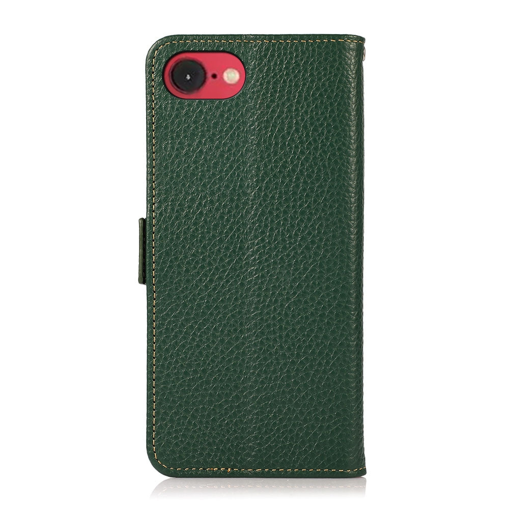 For iPhone 16e KHAZNEH Side-Magnetic Litchi Genuine Leather RFID Case(Green)