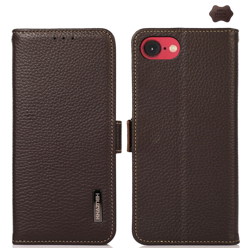 For iPhone 16e KHAZNEH Side-Magnetic Litchi Genuine Leather RFID Case(Brown)