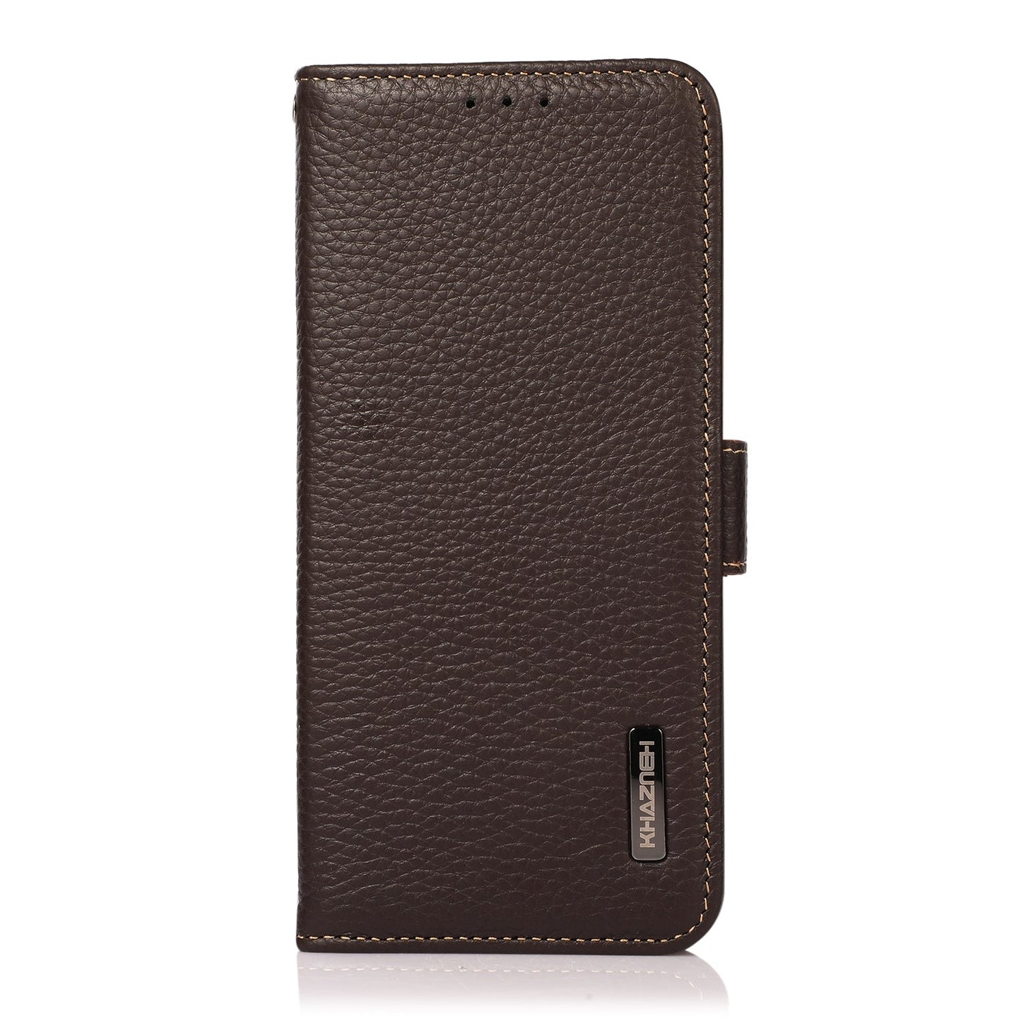 For iPhone 16e KHAZNEH Side-Magnetic Litchi Genuine Leather RFID Case(Brown)