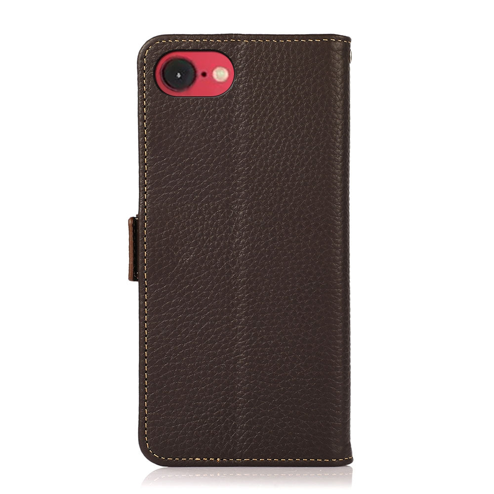 For iPhone 16e KHAZNEH Side-Magnetic Litchi Genuine Leather RFID Case(Brown)
