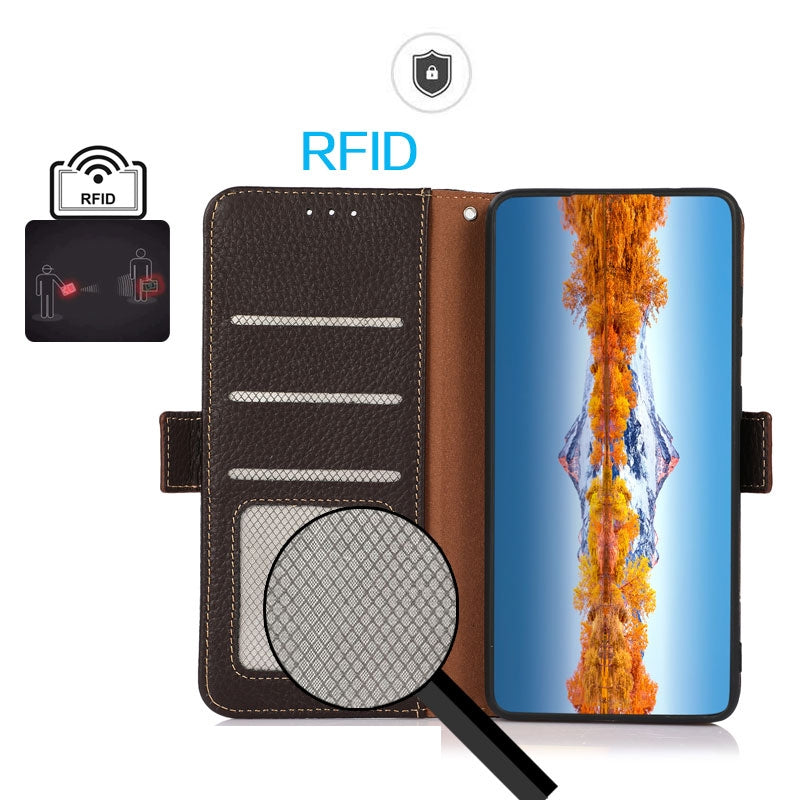 For iPhone 16e KHAZNEH Side-Magnetic Litchi Genuine Leather RFID Case(Brown)