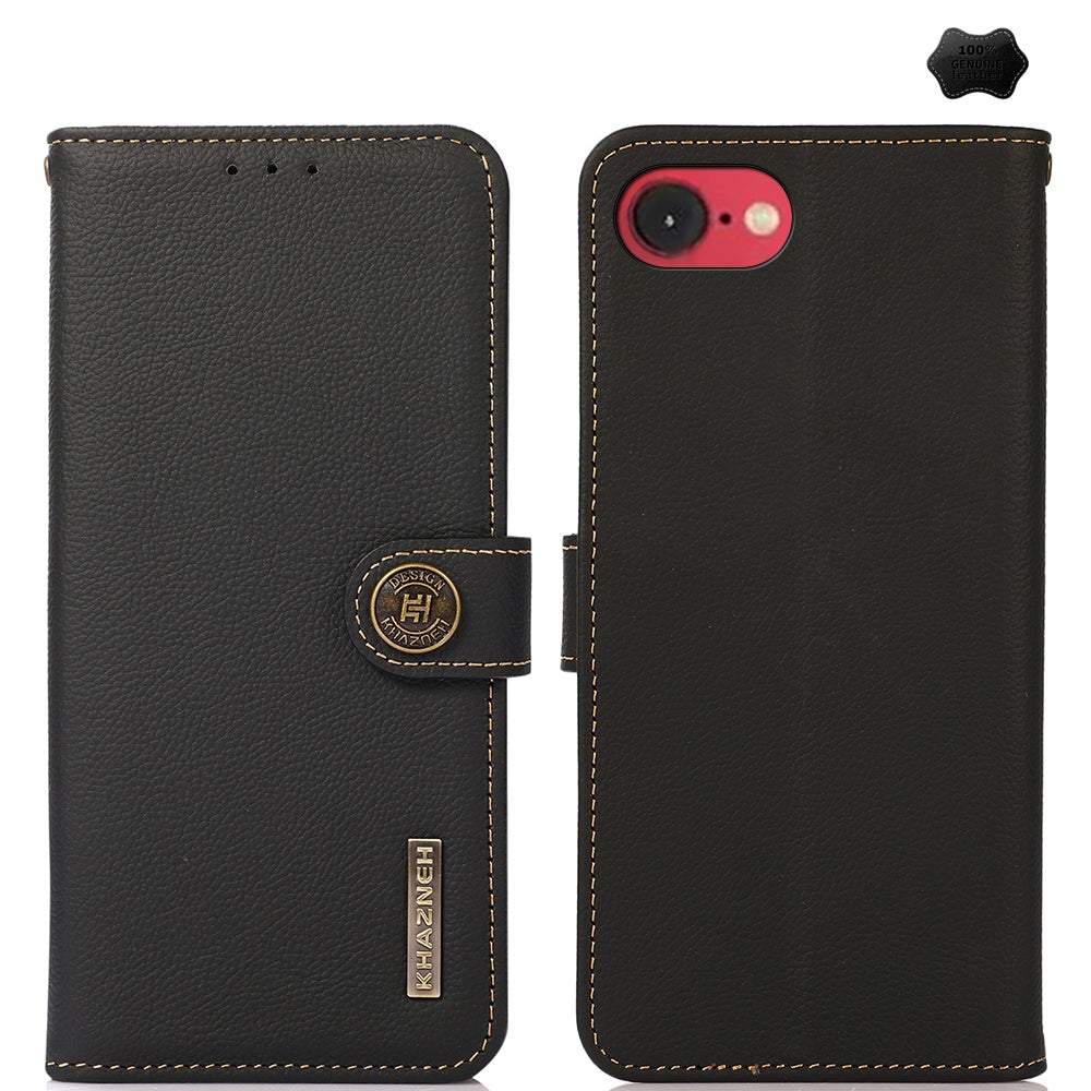 For iPhone 16e KHAZNEH Custer Genuine Leather RFID Phone Case(Black)