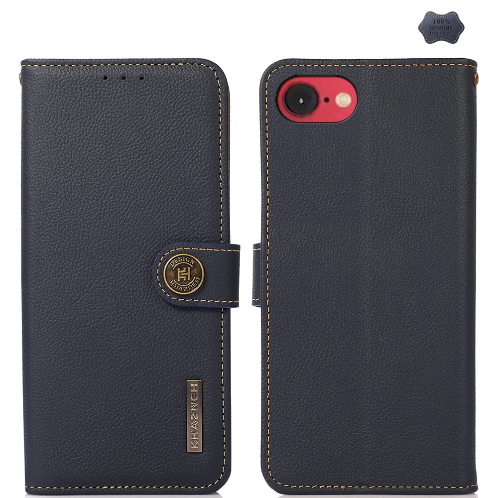 For iPhone 16e KHAZNEH Custer Genuine Leather RFID Phone Case(Blue)
