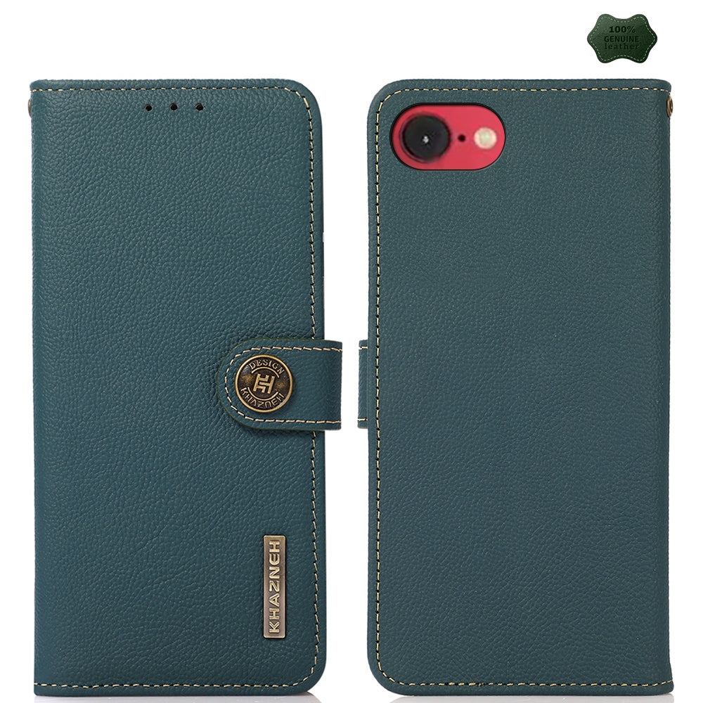 For iPhone 16e KHAZNEH Custer Genuine Leather RFID Phone Case(Green)