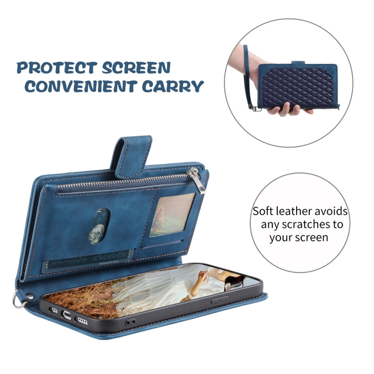 For Honor 200 Lite Grid Texture Zipper Leather Phone Case with Lanyard(Blue)