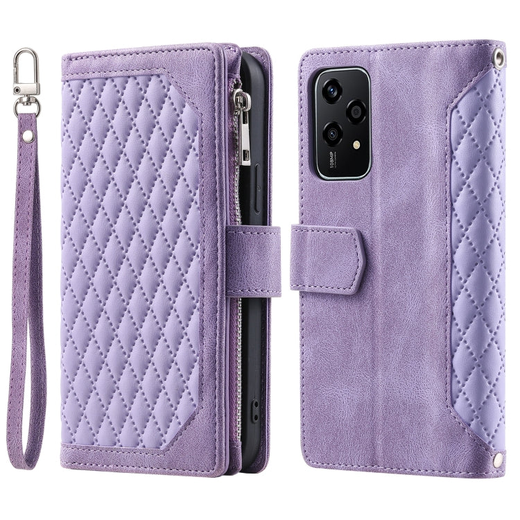 For Honor 200 Lite Grid Texture Zipper Leather Phone Case with Lanyard(Purple)