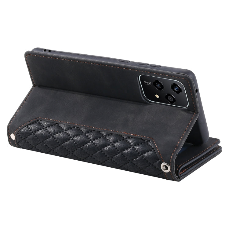 For Honor 200 Lite Grid Texture Zipper Leather Phone Case with Lanyard(Black)