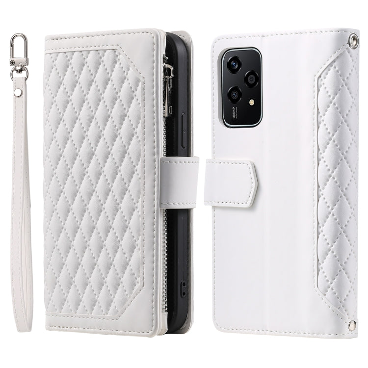 For Honor 200 Lite Grid Texture Zipper Leather Phone Case with Lanyard(White)
