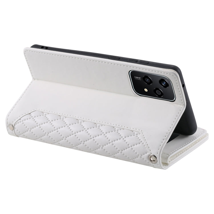 For Honor 200 Lite Grid Texture Zipper Leather Phone Case with Lanyard(White)