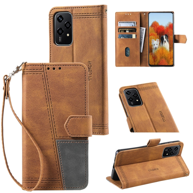 For Honor 200 Lite TTUDRCH Embossed Line Splicing Leather Phone Case(Brown)