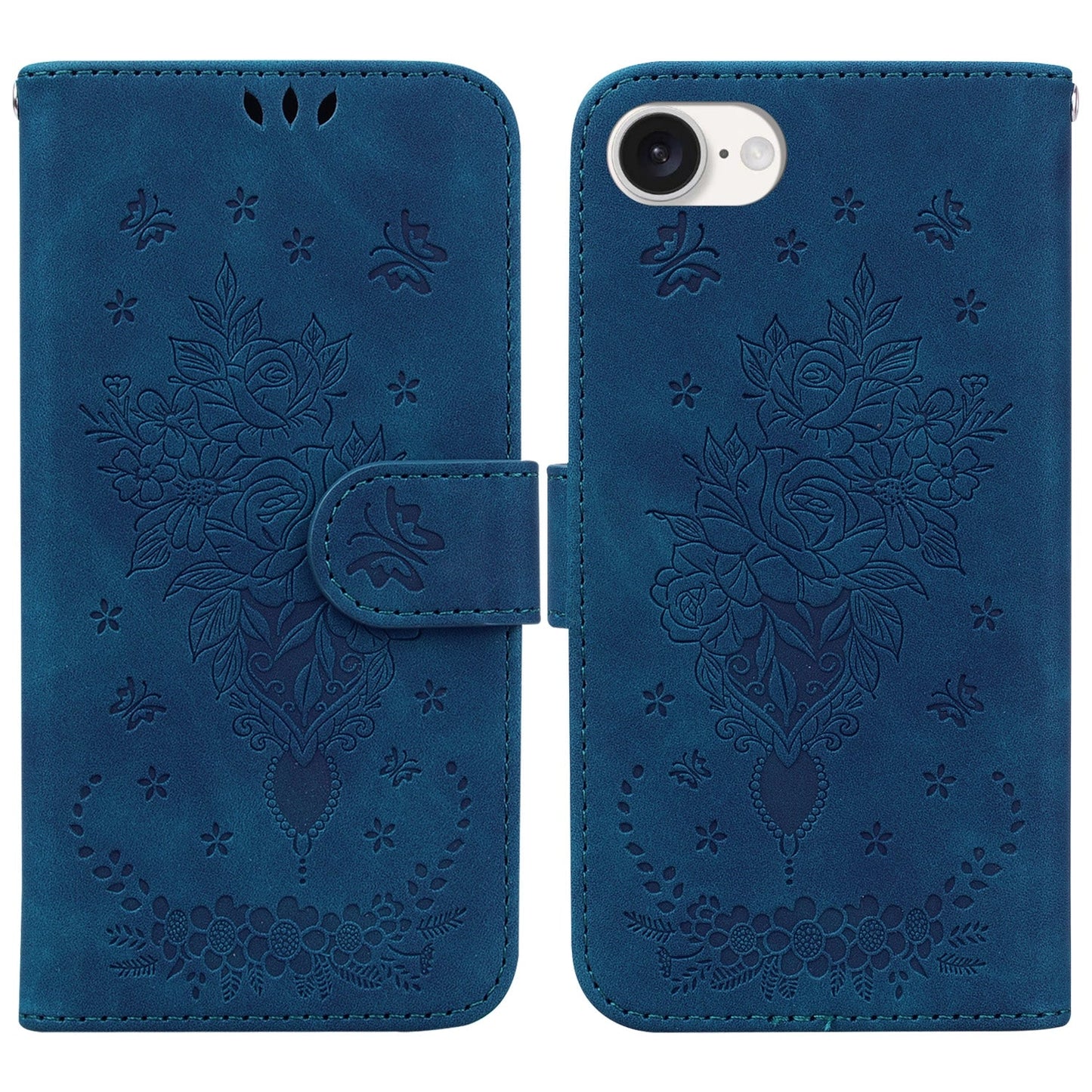 For iPhone 16e Butterfly Rose Embossed Leather Phone Case(Blue)