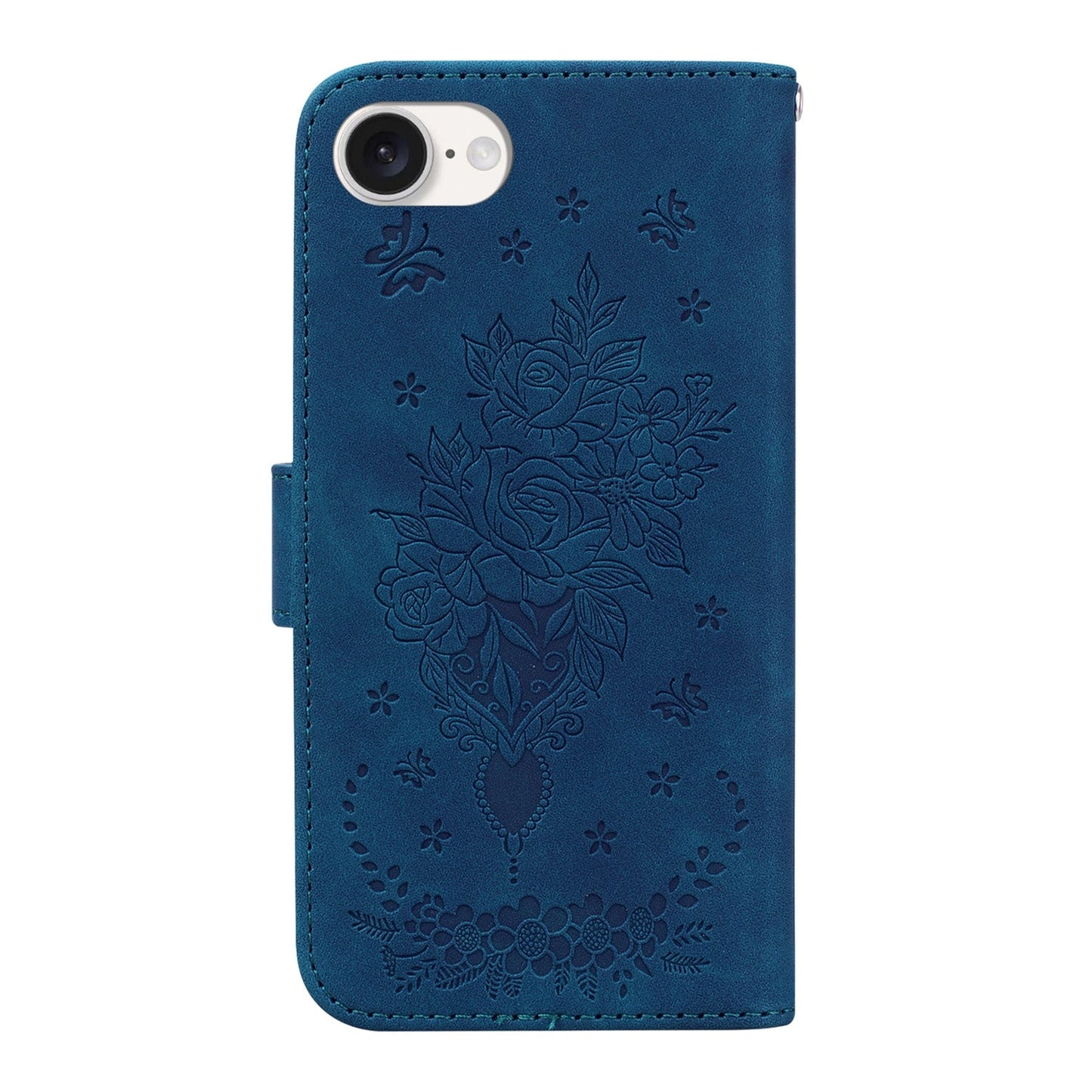 For iPhone 16e Butterfly Rose Embossed Leather Phone Case(Blue)