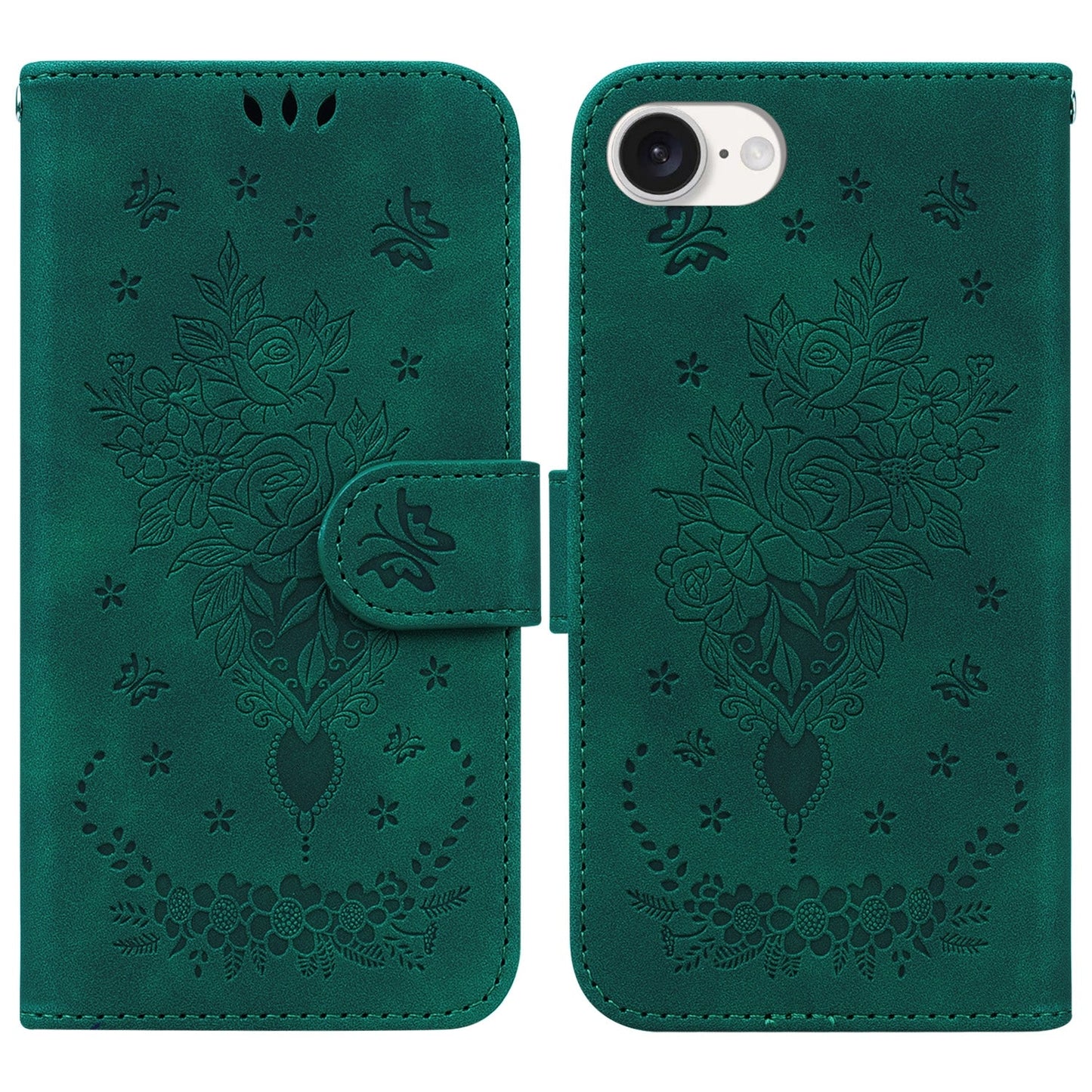For iPhone 16e Butterfly Rose Embossed Leather Phone Case(Green)