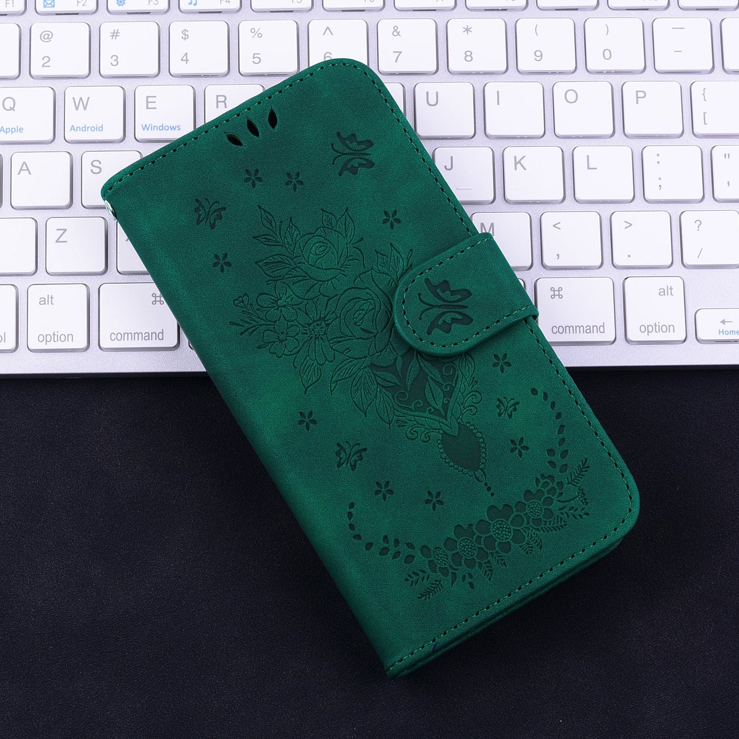 For iPhone 16e Butterfly Rose Embossed Leather Phone Case(Green)