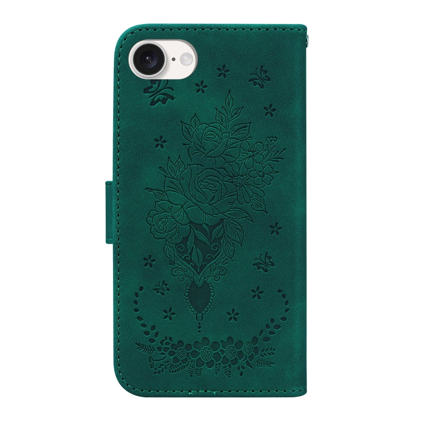 For iPhone 16e Butterfly Rose Embossed Leather Phone Case(Green)