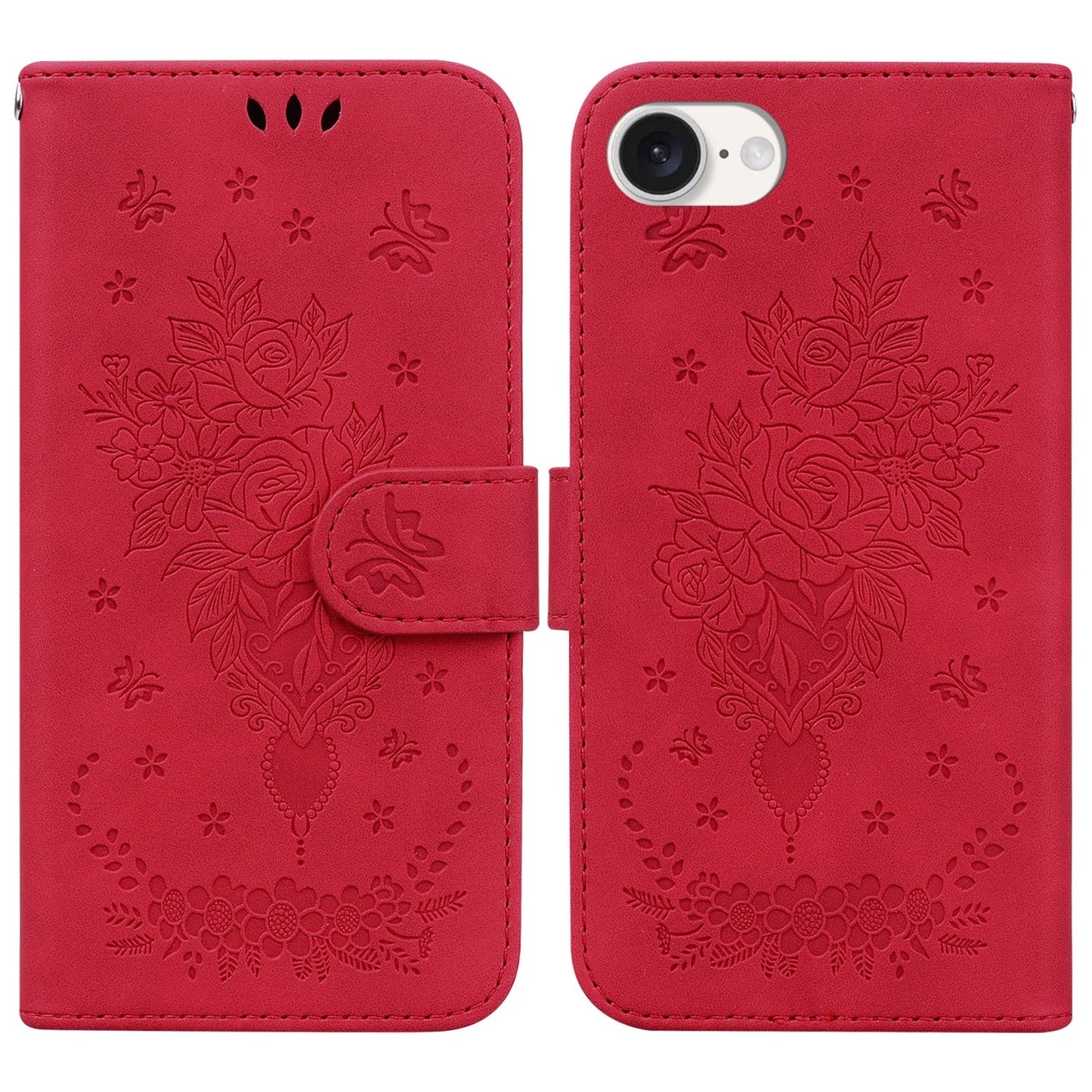 For iPhone 16e Butterfly Rose Embossed Leather Phone Case(Red)