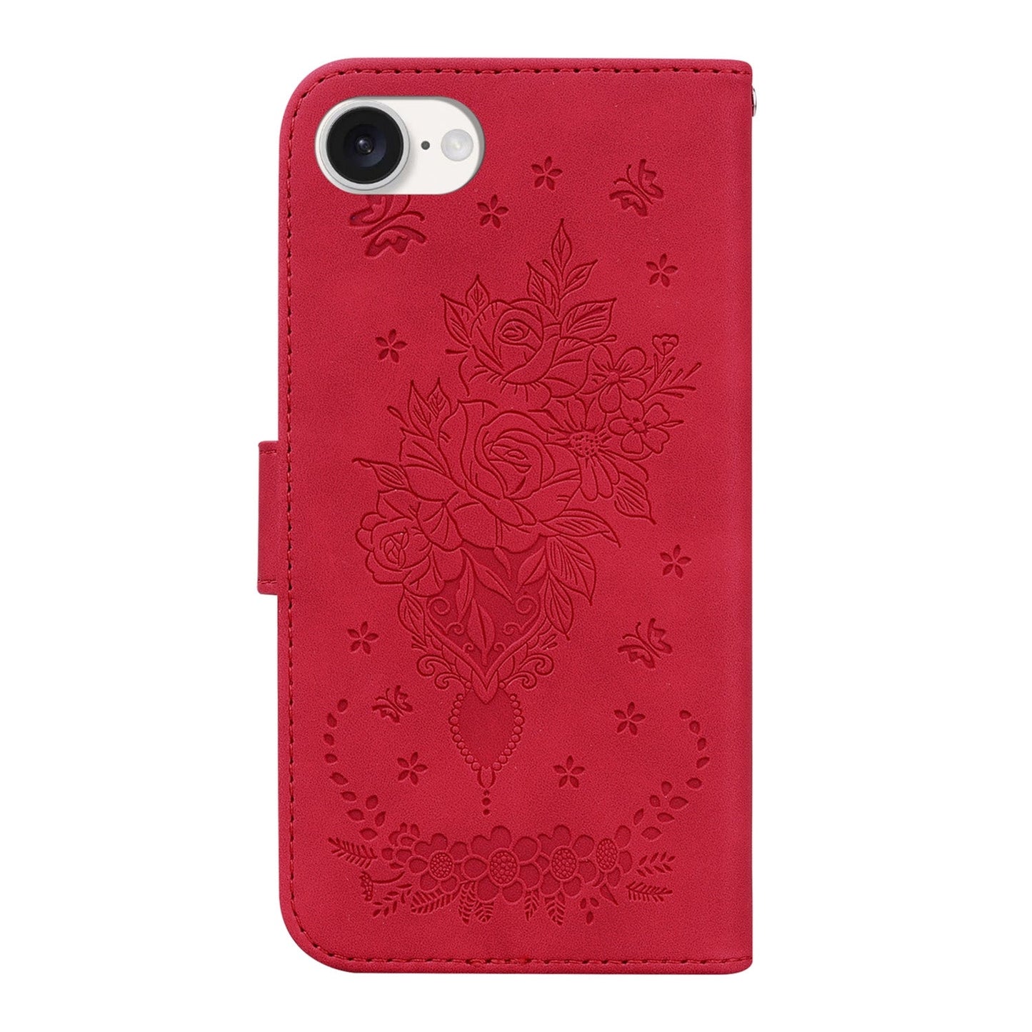 For iPhone 16e Butterfly Rose Embossed Leather Phone Case(Red)