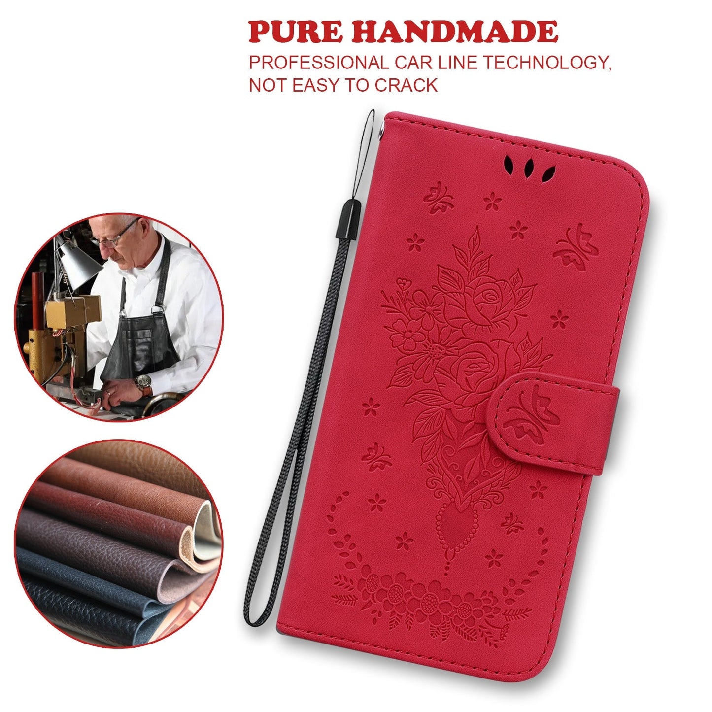 For iPhone 16e Butterfly Rose Embossed Leather Phone Case(Red)